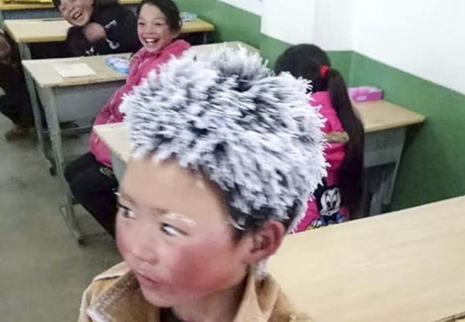 Boy's hair freezes on walk to school (Picture)